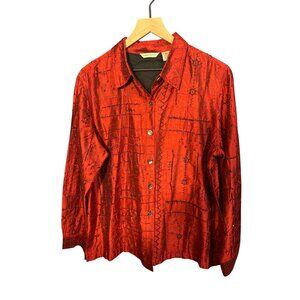 Vintage Laura Ashley Red Embroidered Silk Button-Up Blouse XL